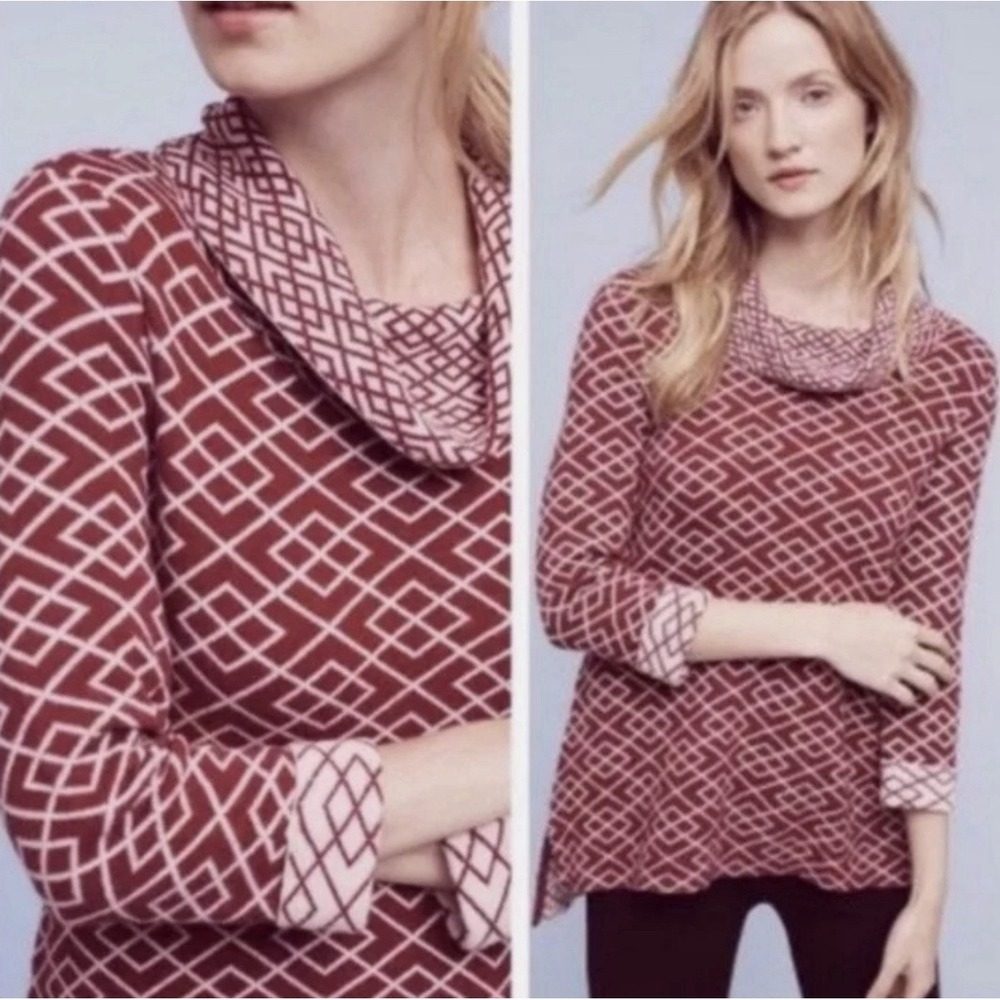 Anthropologie Moth Red White Alpaca Blend Cowlneck Pullover Galena Sweater Med